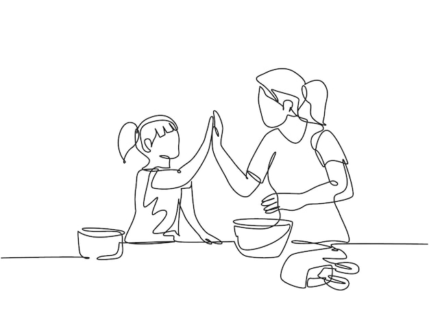 Enkele lijntekening van moeder en dochter die zich voorbereiden om te koken in de keuken en een high five-gebaar geven