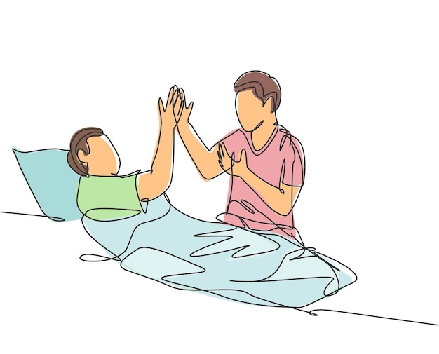 Enkele lijntekening van zoon zorgt voor zijn zieke vader in het ziekenhuis en geeft een high five-gebaar