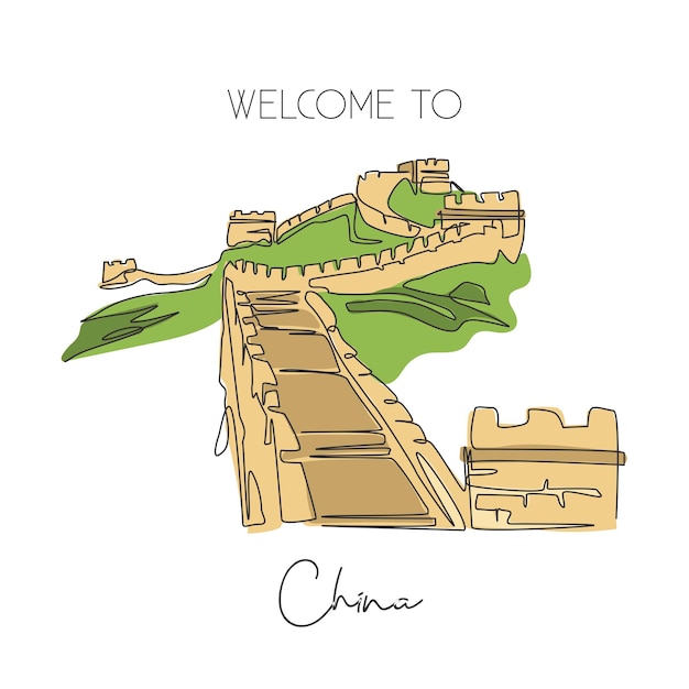 Enkele ononderbroken lijntekening Grote Muur Badaling Beroemde Beijing World muur decor ontwerp vector