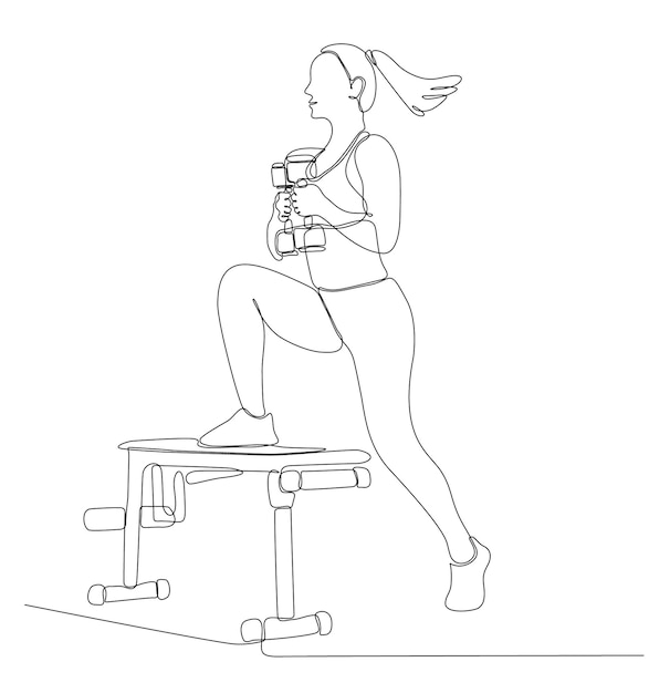 Enkele ononderbroken lijntekening van sterke jonge gewichtheffende vrouw die zich voorbereidt op barbell
