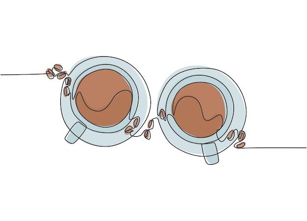 Enkele ononderbroken lijntekening van twee kopjes koffie met koffiebonen en blad uit bovenaanzichtvector