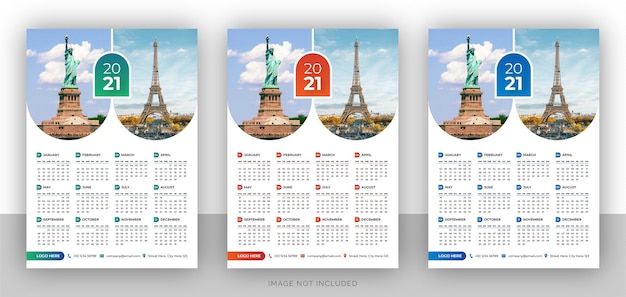 Enkele pagina kleurrijke reisbureau muur kalender ontwerpsjabloon voor het nieuwe jaar