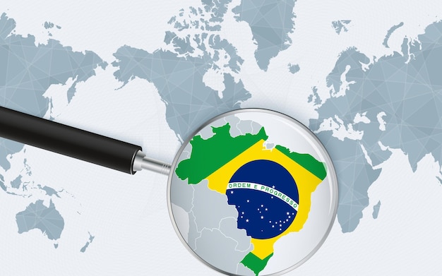 Enlarged map of Brazil on America centered World Map Magnified map and flag of Brazil