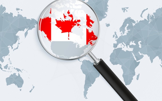 Enlarged map of Canada on America centered World Map Magnified map and flag of Canada