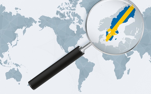 Enlarged map of sweden on america centered world map magnified map and flag of sweden