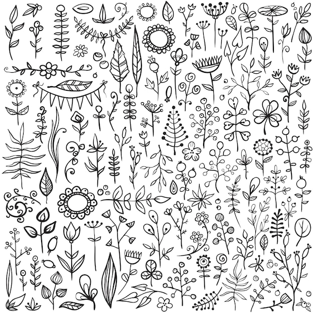 Enorme doodle-collectie van meer dan 100 creatieve bloemenelementen, bloemen en bladeren