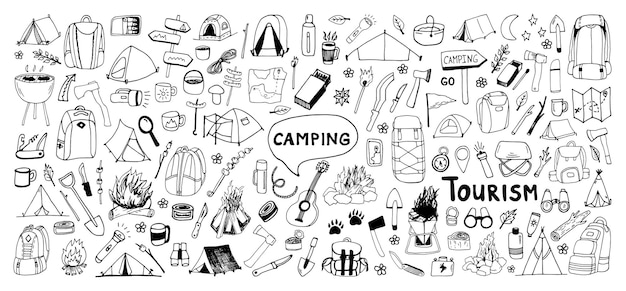 Enorme hand getekende vector camping illustraties set Travel design