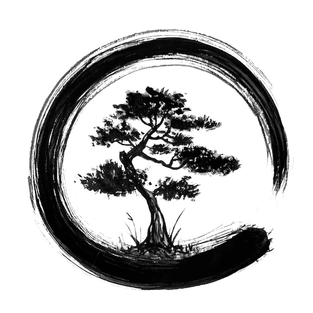 Enso Zen Circle и дерево бонсай, кисть, чернила, черная векторная иллюстрация