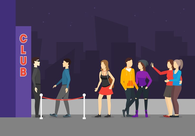 Vector enter a club concept cartoon include of people crowd and building element flat design style vector illustration of nightclub