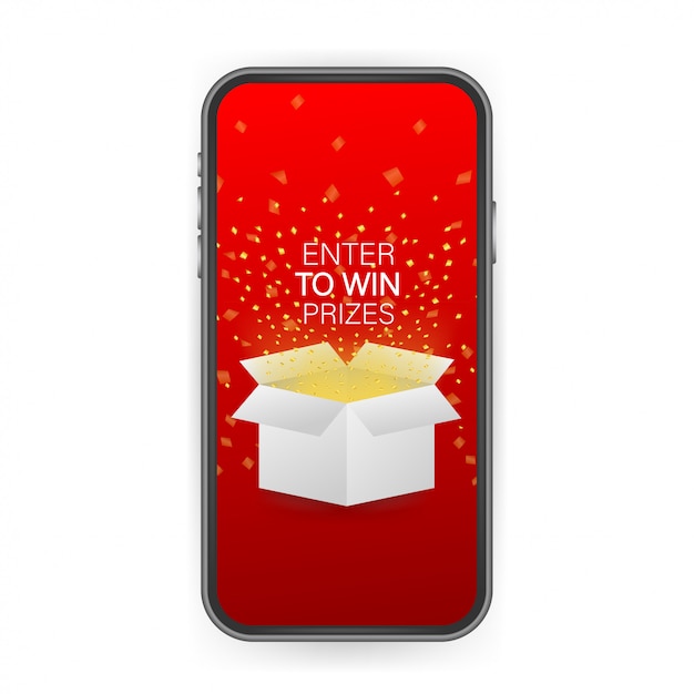 Vector enter to win prizes. open red gift box and confetti on smartphone screen. win prize.  stock illustration.