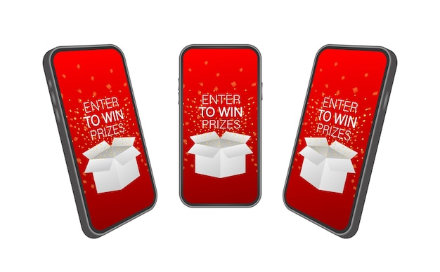 Enter to Win Prizes on smartphone screen Open Red Gift Box and Confetti Vector stock Illustration