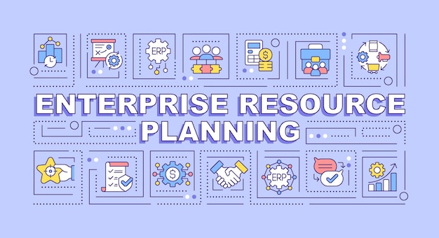 Enterprise resource planning text concept with various icons on blue monochromatic background 2D vector illustration