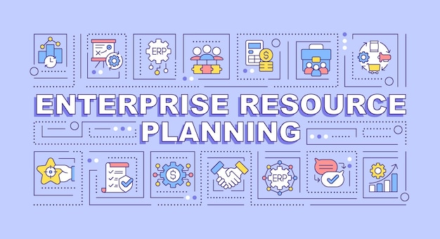 Enterprise resource planning text concept with various icons on blue monochromatic background 2d vector illustration