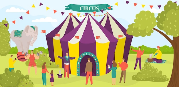 Entertainment circus tent performance carnival performer group of people character flat vector illus...