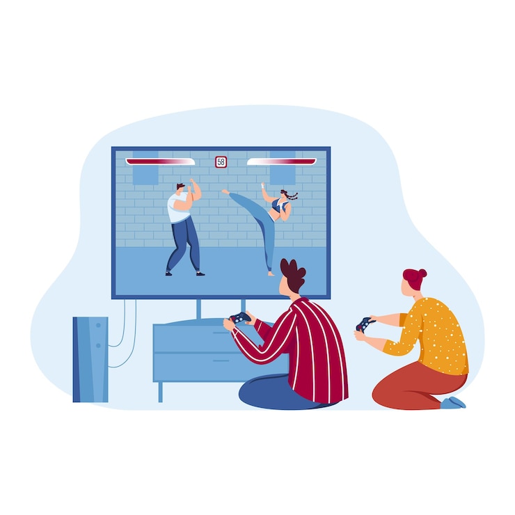 Vector entertainment game with fight friends gamer have fun with gamepad isolated on white vector illustration man woman character hold modern joystick