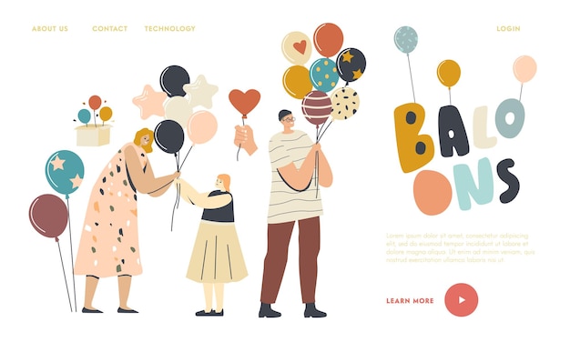 Vector entertainment with animator, birthday celebration landing page template. woman giving balloon to little girl, male or female adult characters holding helium balloons. linear people vector illustration