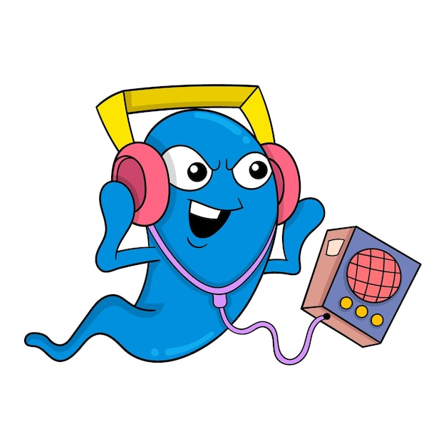 Vector enthusiastic looking monster is listening to the music player from headphones doodle icon image kawaii