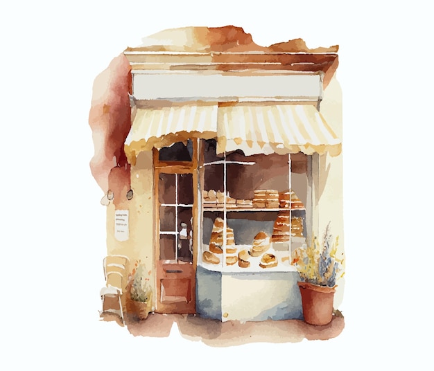 Entrance to a bakery shop candy store in watercolor style cute illustration