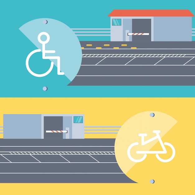 Vector entrance of disable people and bicicles parking zone