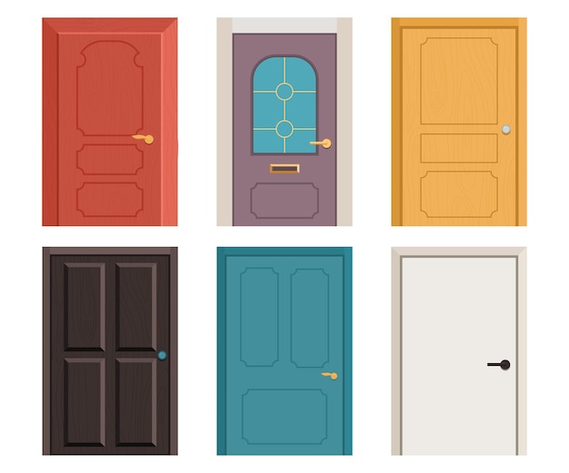 Entrance and interior doors vector cartoon set isolated on a white background.