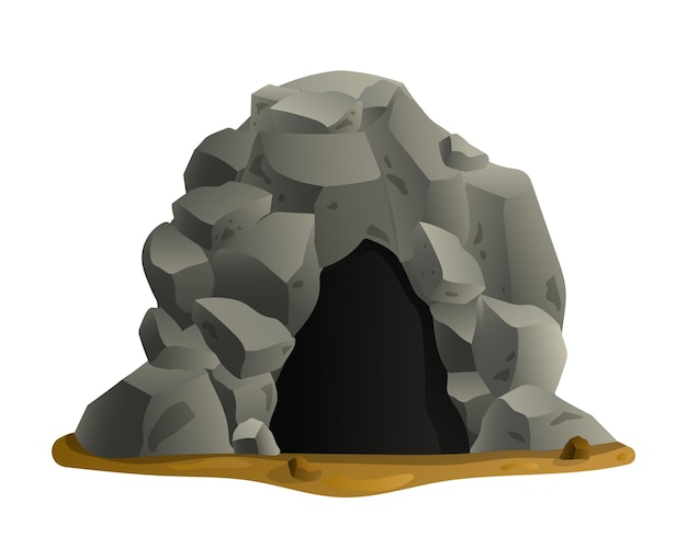 돌 동굴 입구 검은 통로가 있는 노란 흙 위의 바위에 있는 오래된 동굴