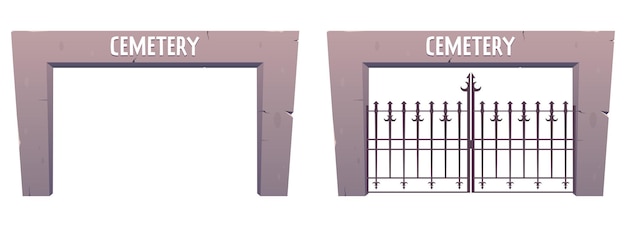 Вектор Вход на кладбище стальные и каменные ворота в мультяшном стиле векторная иллюстрация изолирована на белом