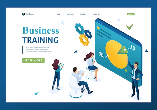 Entrepreneur coach teaches employees of the company concept of business training 3d isometric landing page concepts and web design