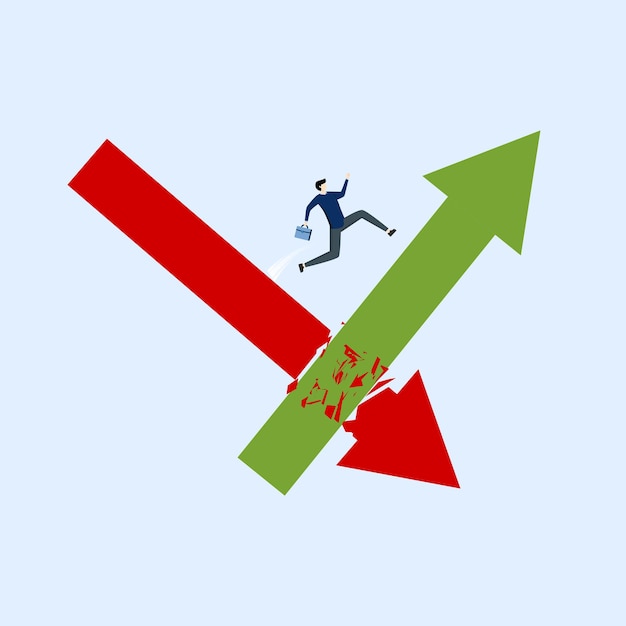 赤い矢印から緑の矢印の上にジャンプする起業家投資家。株式市場または仮想通貨の不確実性。
