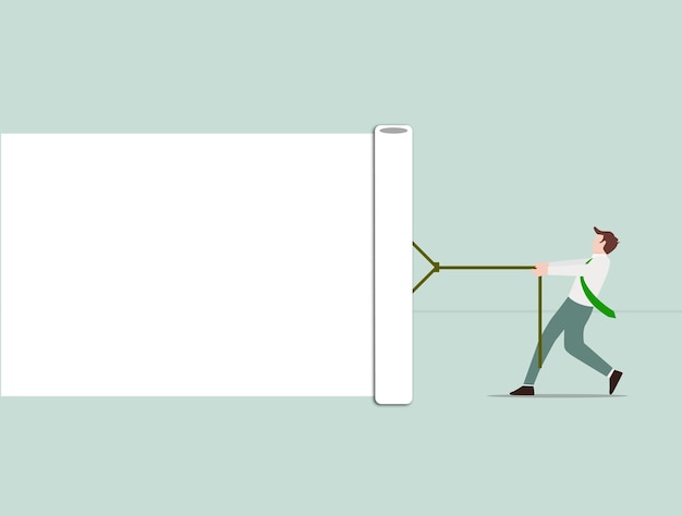 Vector entrepreneur pulling a string on a blank template screen