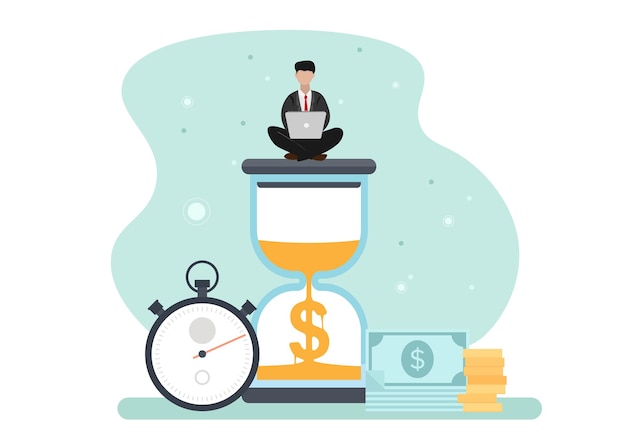 Entrepreneur sitting on the hourglass with laptop business of time management and time is money