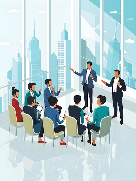 Vector entrepreneurs pitching to investors in a modern highrise office vector illustration