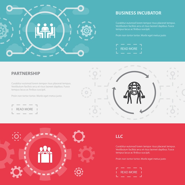 Предпринимательство 3 шаблона горизонтальных баннеров веб-страницы с концепцией бизнес-инкубатора партнерство с ограниченной ответственностью плоские современные изолированные иконки иллюстрации