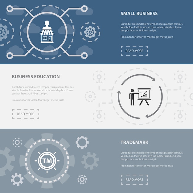 Vector entrepreneurship 3 horizontal webpage banners template with small business business education trademark concept flat modern isolated icons illustration