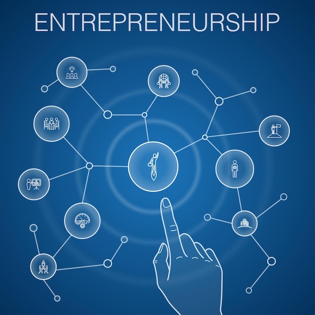 Entrepreneurship concept, blue background. investor, partnership, leadership, team building icons