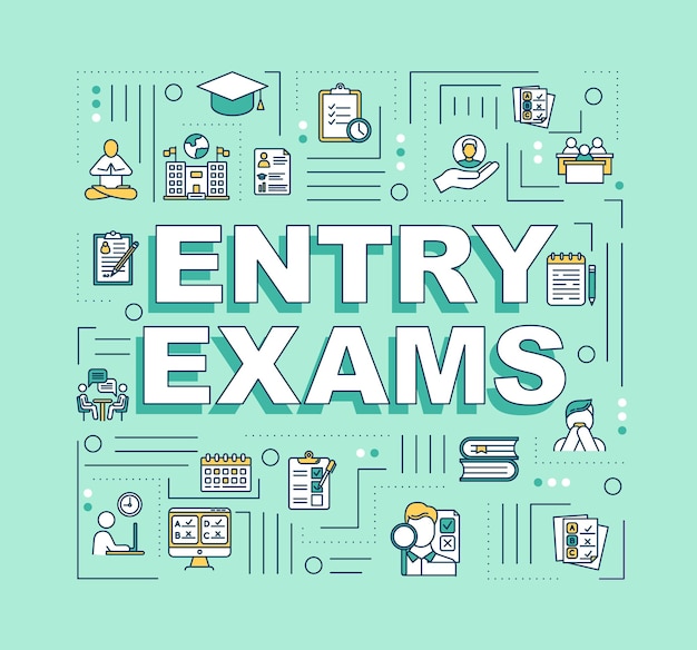 Entry exam word concepts banner. Academic education. College acceptance. School exams. Presentation, website. Isolated lettering typography idea with linear icons. Vector outline illustration