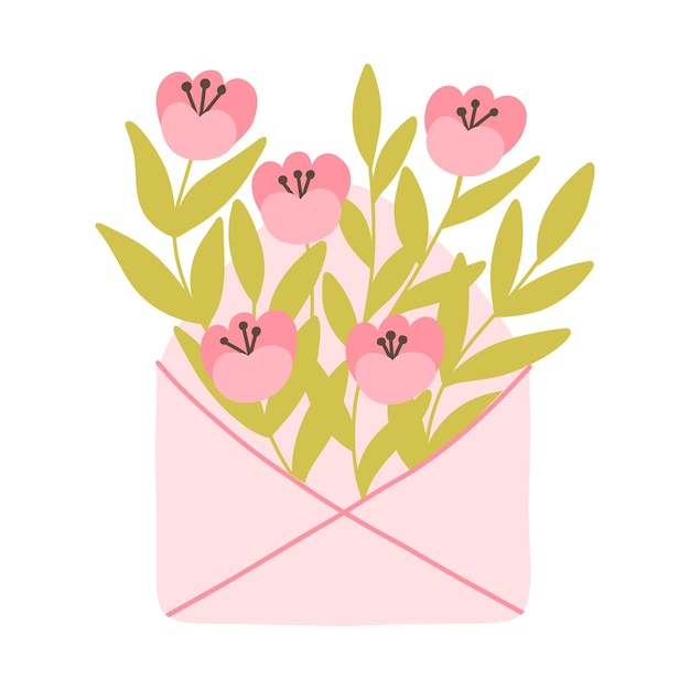 Envelop met bloemen Brief met bloeiende bloemen Lente illustratie met bloemen en bladeren Boeket met lentebloemen Vector illustratie Platte hand getekende stijl
