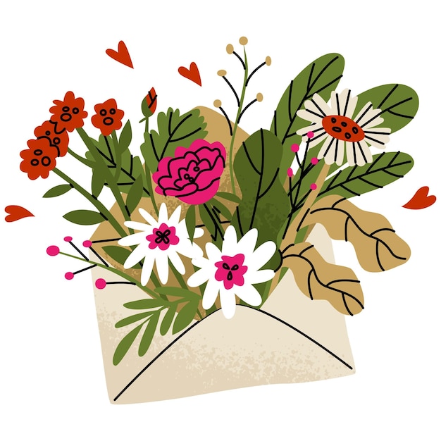 Vector envelop met een boeket bloemen en harten groetekaartje voor verjaardag 8 maart moederdag of valentijnsdag vector illustratie in cartoon stijl geïsoleerd op witte achtergrond