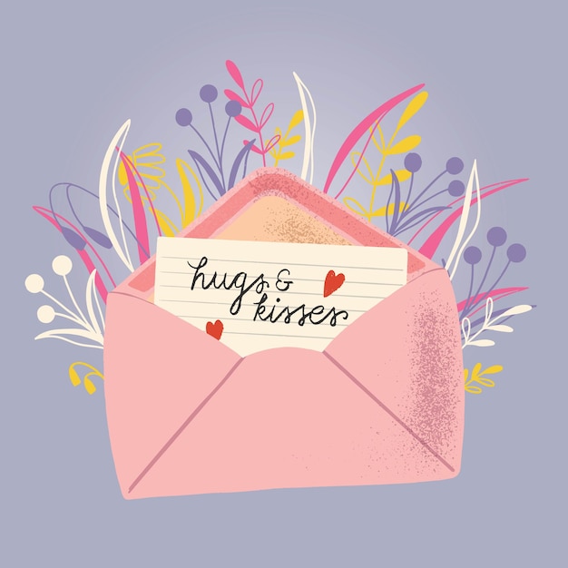 Envelop met liefdesbrief. kleurrijke hand getekend illustratie met hand belettering voor happy valentines day. wenskaart met bloemen en decoratieve elementen.