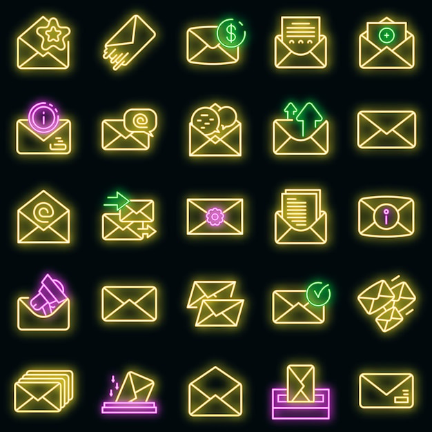 Envelop pictogrammen instellen. overzicht set envelop vector iconen neon kleur op zwart