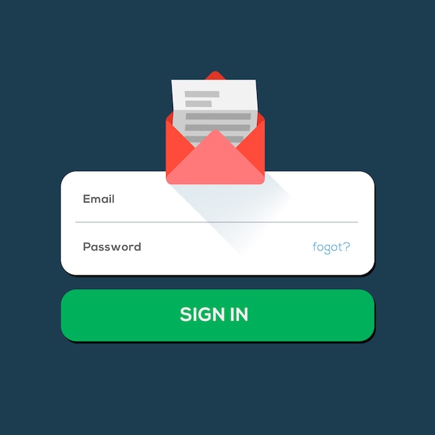 Envelope e-mail flat icon, with log in button, illustration.