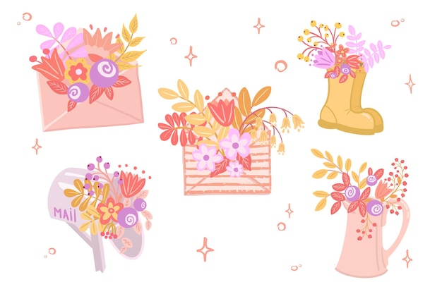 Envelope, farm mailbox, boots and jug with flowers.  Flat design.