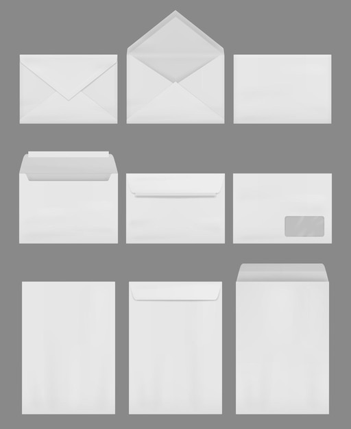 Envelope mockup. Empty blank business envelopes for a4 correspondence office decent vector realistic templates collection isolated. Illustration envelope correspondence, front folded paper for message