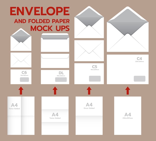 Envelope postal mockup set. Realistic illustration of 10 envelope postal mockups for web