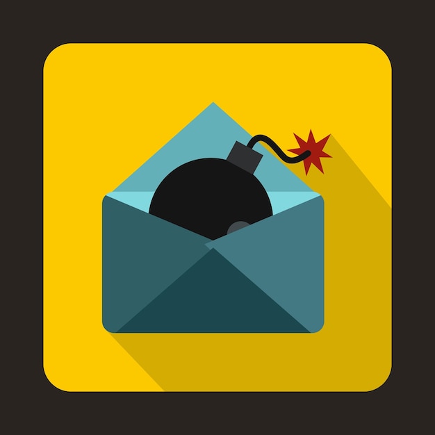 Envelope with bomb icon in flat style on a yellow background