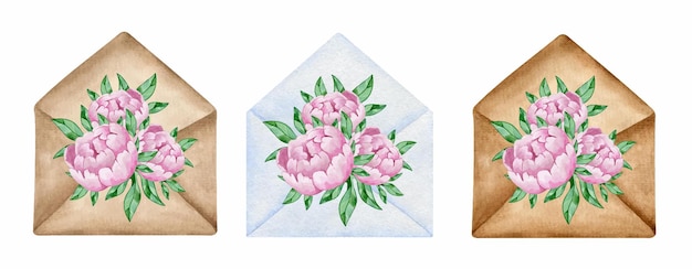 Envelope with a bouquet of delicate pink peonies. watercolor set illustrations for valentine's day, birthday, romantic clipart