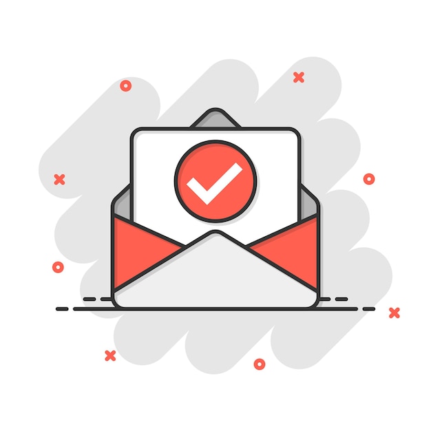 Envelope with confirmed document icon in comic style Verify cartoon vector illustration on white isolated background Receive splash effect business concept