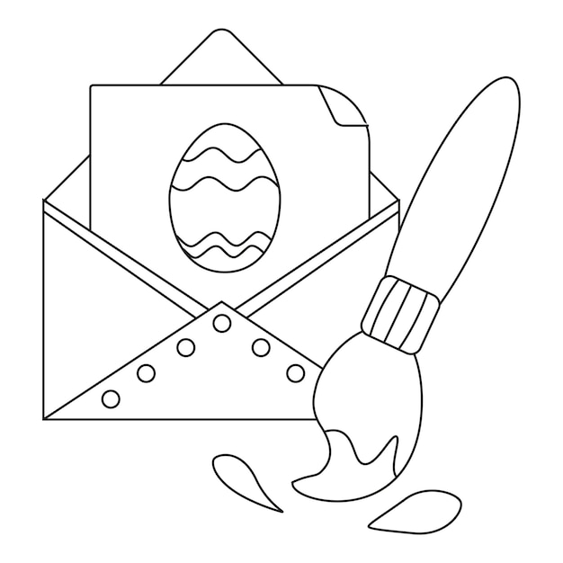 An envelope with an Easter card an egg and a brush for coloring eggs Line art