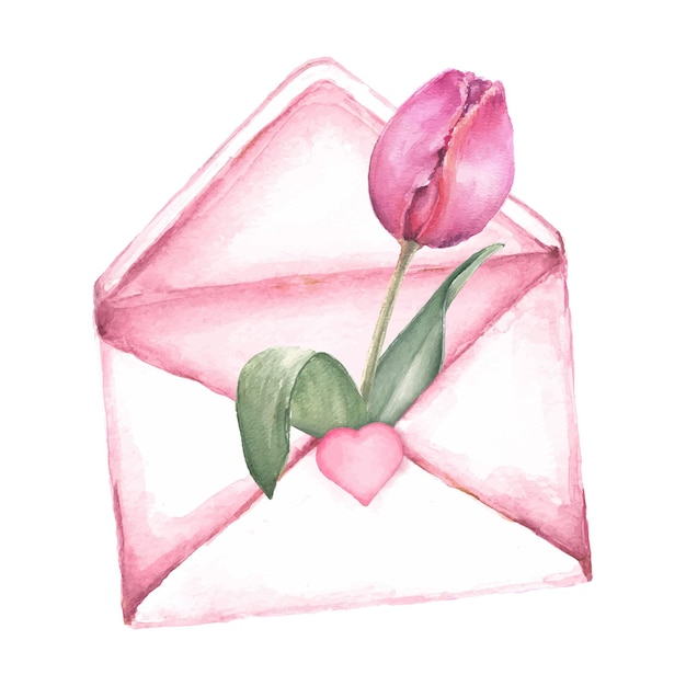 Vector envelope with flower tulip and heart watercolor illustration for valentine's day