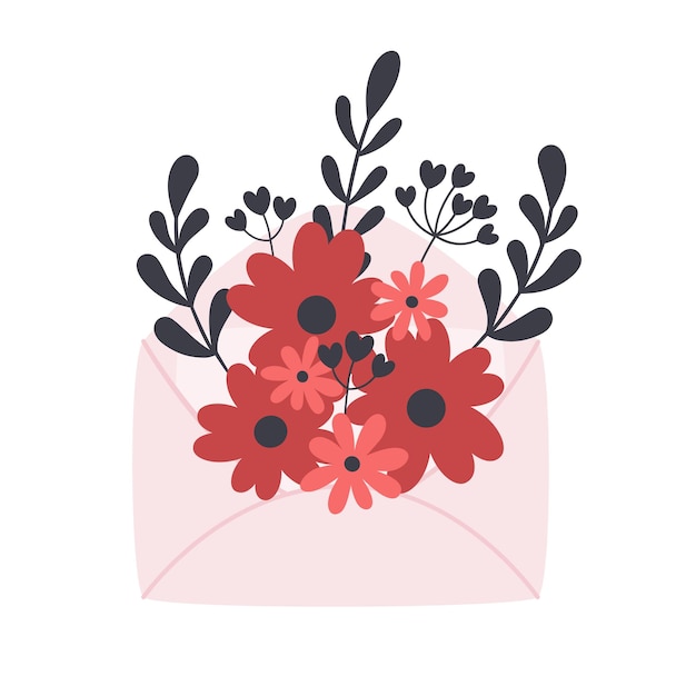 花の葉と枝のある封筒ロマンチックなバレンタインデーの結婚式が大好き