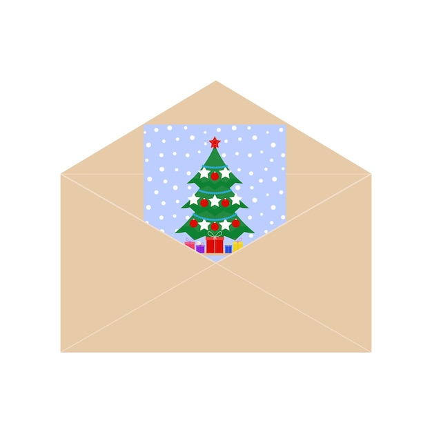 Envelope with greeting card isolated on white background Invitation with Christmas tree, gifts